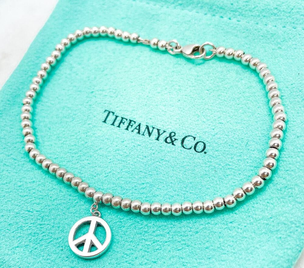Tiffany & Co. Peace Sign Tag Charm Mini Bead Bracelet Sterling Silver 7.25"